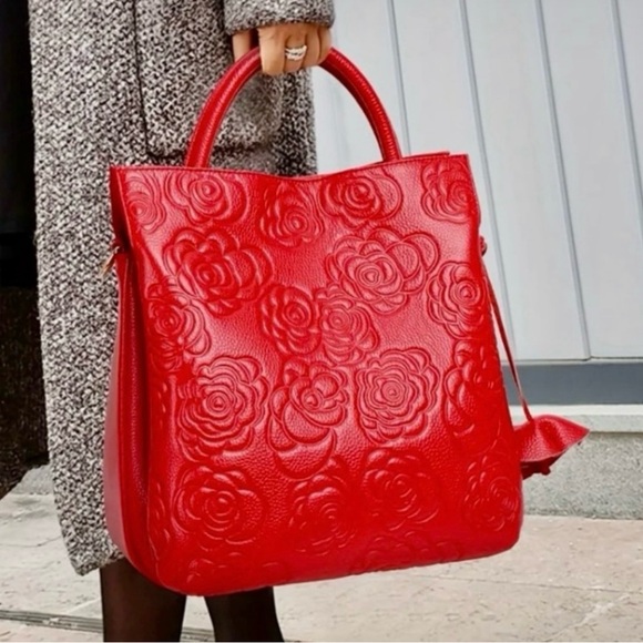 NWOT~Genuine LEATHER Floral Embossed Luxury- Satchel/Handbag/Shoulder bag - Picture 10 of 10